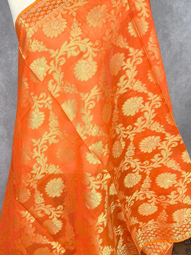 Orange Color Benarasi Handwoven Semi Silk Dupatta with Muted Gold Zari Weaving | Dupatta | Orange Dupatta | Scarf | Dupattas for Wedding - Kaash