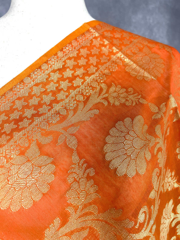 Orange Color Benarasi Handwoven Semi Silk Dupatta with Muted Gold Zari Weaving | Dupatta | Orange Dupatta | Scarf | Dupattas for Wedding - Kaash