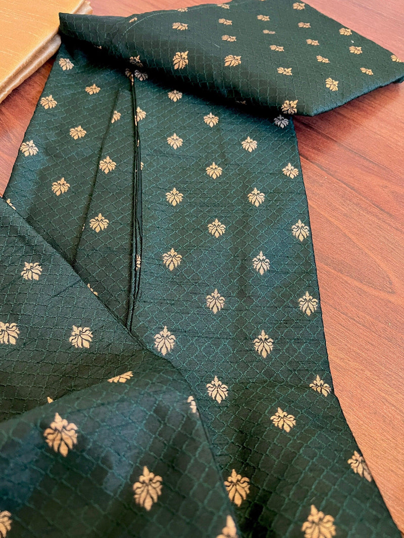 Bottle Green Soft Raw Silk Men Kurta Pajama in Self Design material with Antique Zari Weave buti with Cotton Lining | Wedding Kurtas for Men - Kaash