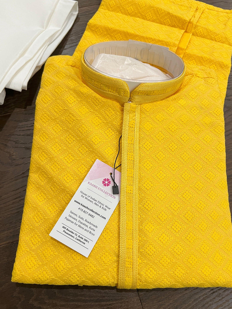 Yellow Color Chikankari Lucknowi Georgette Kurta Pajama Set with Lining | Chikhankari Kurta | Ethnic Wear for Men | Men Party Wear - Kaash