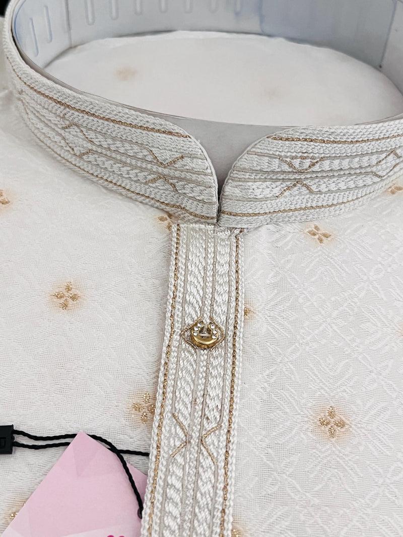 White Color in Self Weave design with small gold buttis | Kurta with Lining | White Color Kurta for Men | Soft Raw Silk Kurta for Men