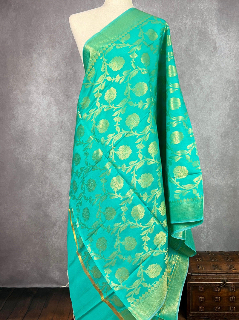 Sea Green Floral Jaal Muted Gold Zari Weaved Dupatta | Floral Silk Dupatta | Zari Work | Dupatta | Stole | Scarf | Dupattas for Gifts - Kaash