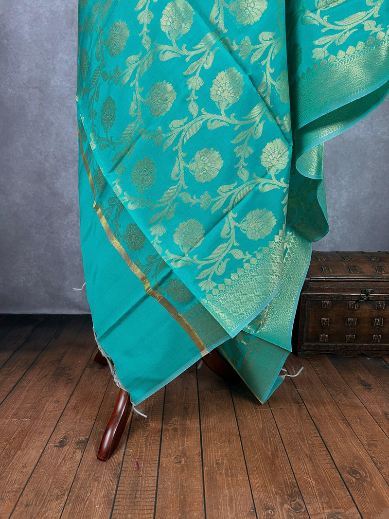 Sea Green Floral Jaal Muted Gold Zari Weaved Dupatta | Floral Silk Dupatta | Zari Work | Dupatta | Stole | Scarf | Dupattas for Gifts - Kaash