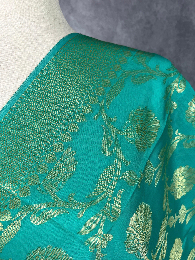 Sea Green Floral Jaal Muted Gold Zari Weaved Dupatta | Floral Silk Dupatta | Zari Work | Dupatta | Stole | Scarf | Dupattas for Gifts - Kaash