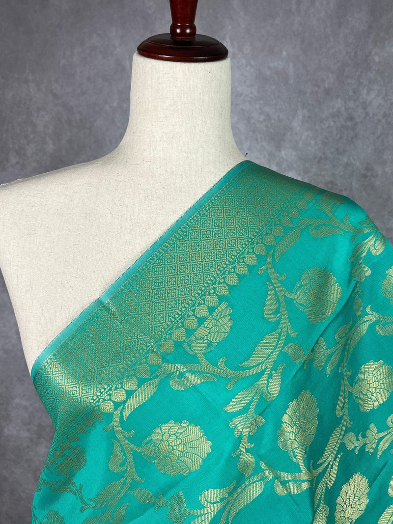 Sea Green Floral Jaal Muted Gold Zari Weaved Dupatta | Floral Silk Dupatta | Zari Work | Dupatta | Stole | Scarf | Dupattas for Gifts - Kaash