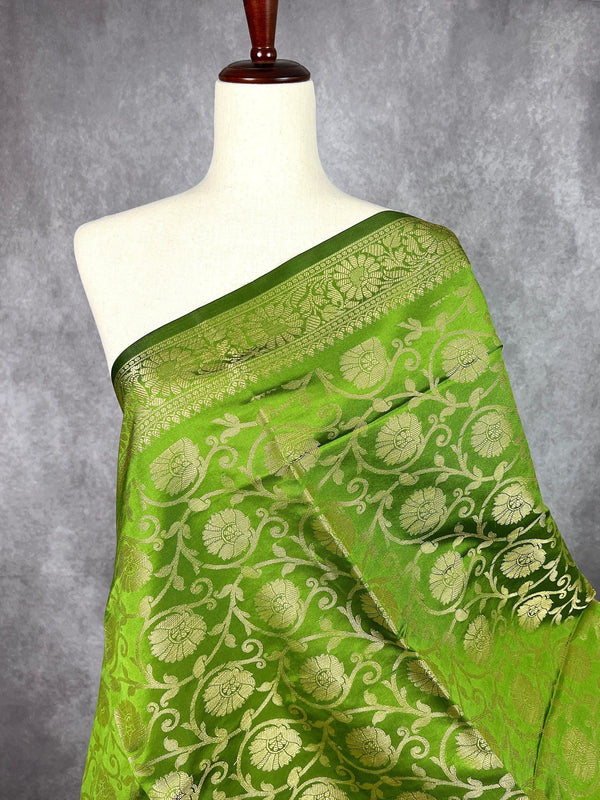 Mehndi Green Floral Jaal Muted Gold Zari Weaved Dupatta | Floral Silk Dupatta | Zari Work | Dupatta | Stole | Scarf | Dupattas for Gifts - Kaash