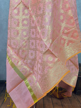 Pastel Baby Pink Benarasi Handwoven Semi Silk Dupatta with Muted Gold Zari Floral Jaal Weaving | Dupatta | Stole | Dupattas for Wedding - Kaash