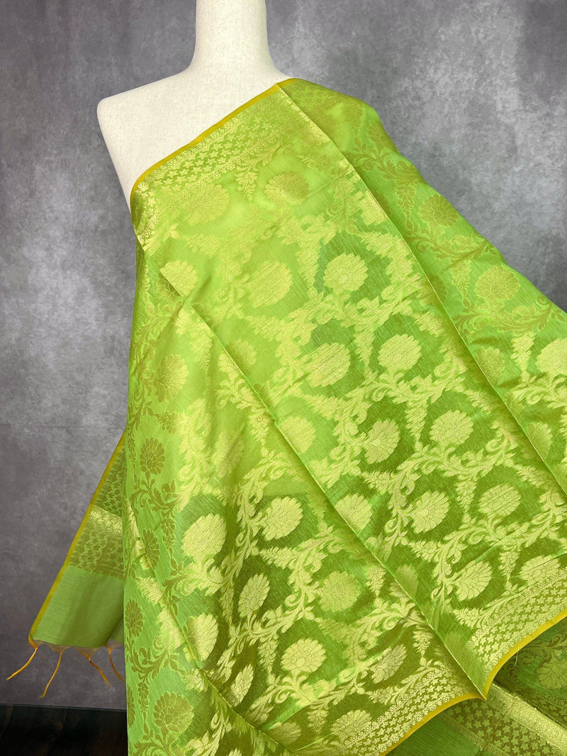 Pastel Light Green Color Benarasi Handwoven Semi Silk Dupatta with Muted Gold Zari Weaving | Dupatta | Stole | Scarf | Dupattas for Wedding - Kaash