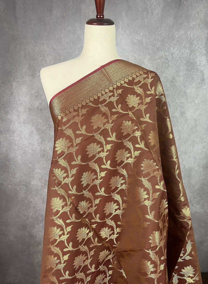 Chocolate Brown Color Floral Jaal Muted Gold Zari Weaved Dupatta | Floral Silk Dupatta | Dupatta | Stole | Scarf | Dupattas for Gift - Kaash