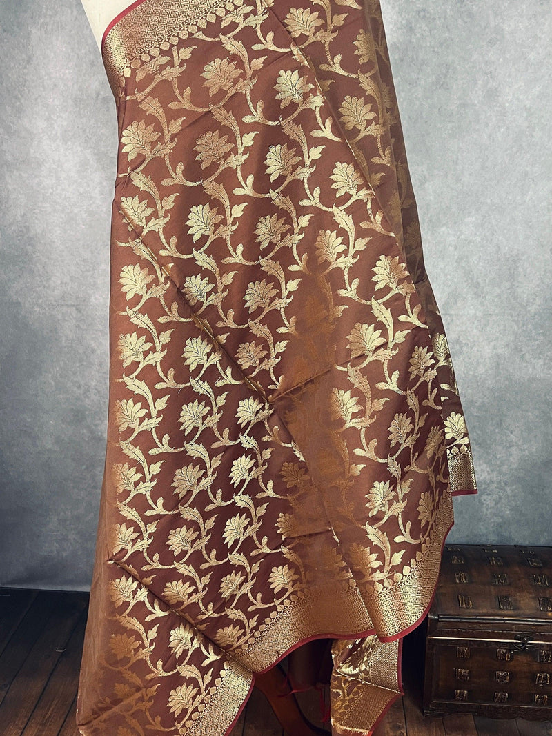 Chocolate Brown Color Floral Jaal Muted Gold Zari Weaved Dupatta | Floral Silk Dupatta | Dupatta | Stole | Scarf | Dupattas for Gift - Kaash