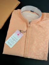 Peach Color Men Kurta Pajama with Floral Jaal in Gold | Mens Ethnic Wear |  Indian Pakistani Men Wear | Sherwani Style Kurta with Lining