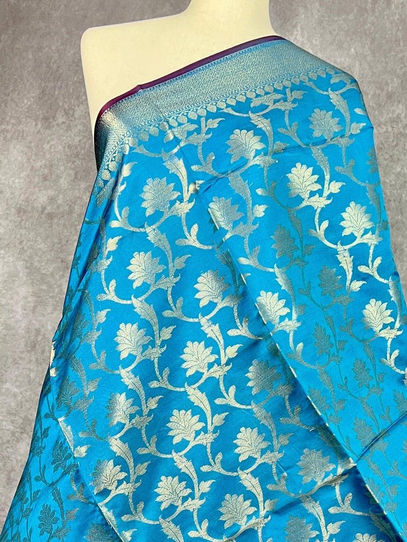 Sky Blue Color Floral Jaal Muted Gold Zari Weaved Dupatta | Floral Silk Dupatta | Dupatta | Stole | Scarf | Dupattas for Gift - Kaash