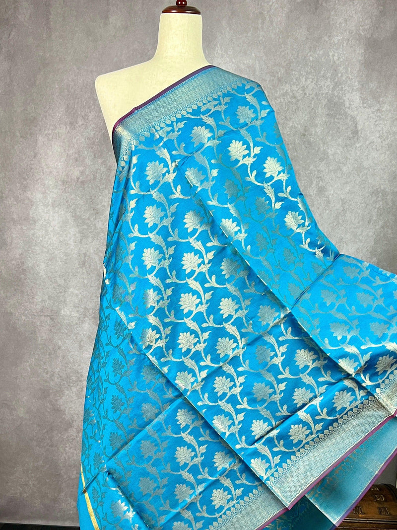 Sky Blue Color Floral Jaal Muted Gold Zari Weaved Dupatta | Floral Silk Dupatta | Dupatta | Stole | Scarf | Dupattas for Gift - Kaash