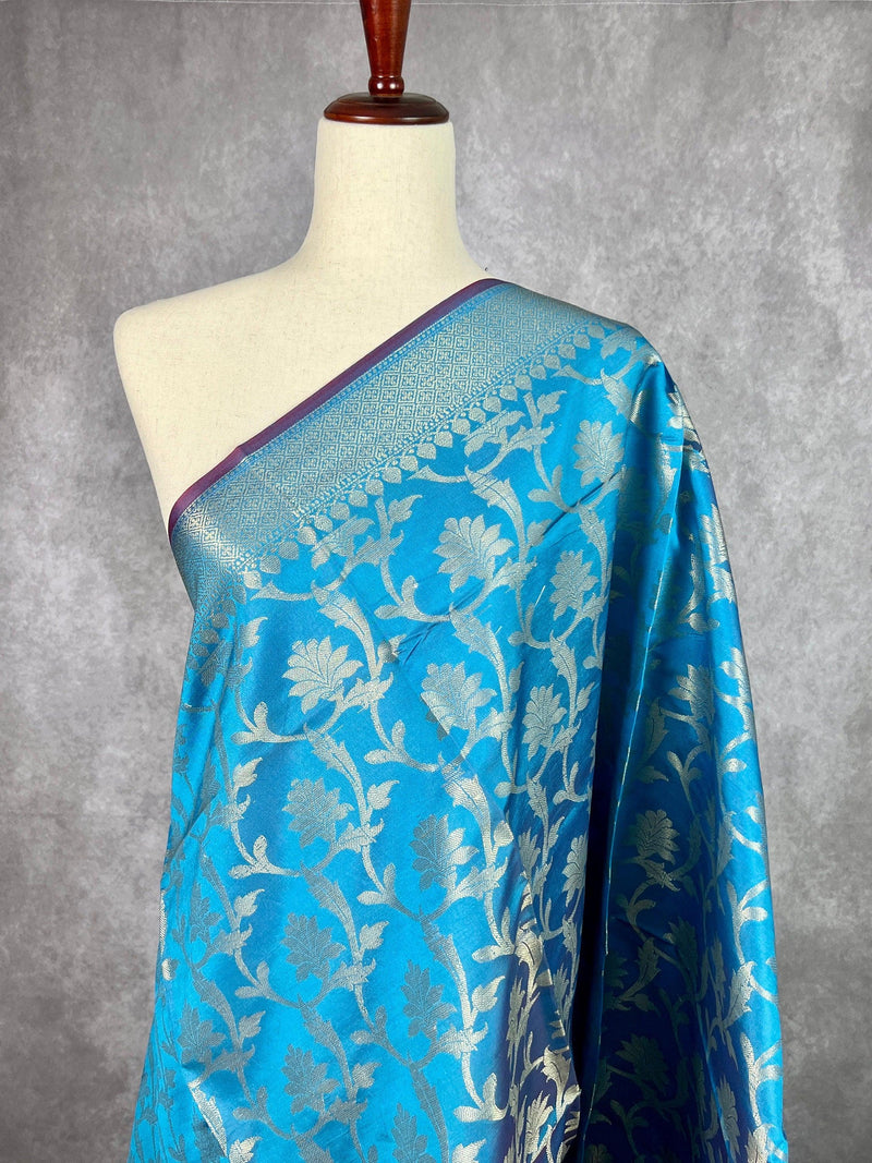 Sky Blue Color Floral Jaal Muted Gold Zari Weaved Dupatta | Floral Silk Dupatta | Dupatta | Stole | Scarf | Dupattas for Gift - Kaash