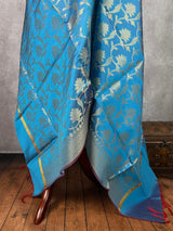 Sky Blue Color Floral Jaal Muted Gold Zari Weaved Dupatta | Floral Silk Dupatta | Dupatta | Stole | Scarf | Dupattas for Gift - Kaash