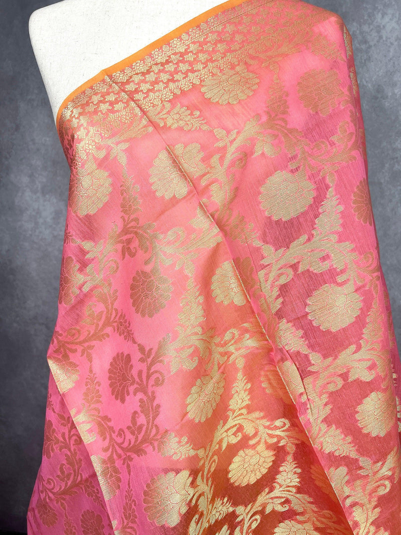 Pink Color Benarasi Handwoven Semi Silk Dupatta with Muted Gold Zari Weaving | Dupatta | Stole | Scarf | Dupattas for Wedding - Kaash