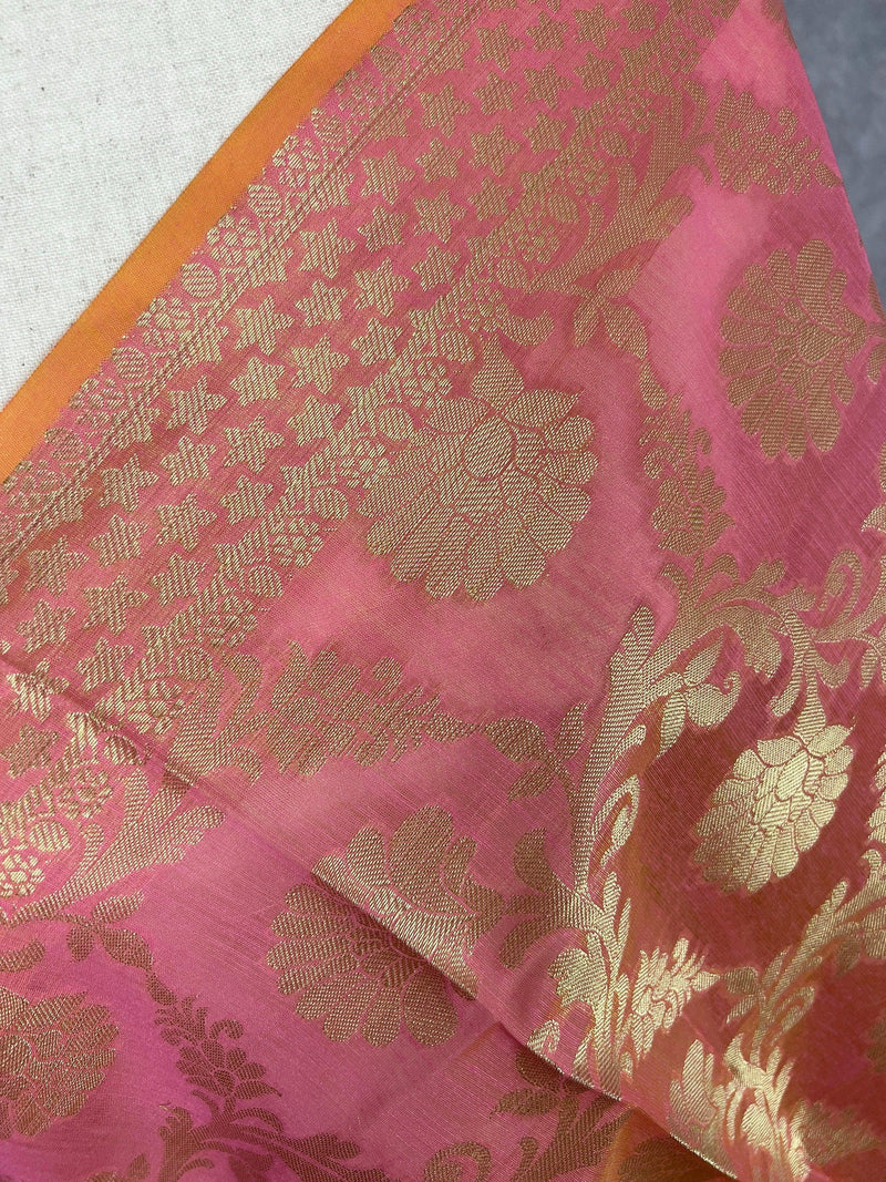 Pink Color Benarasi Handwoven Semi Silk Dupatta with Muted Gold Zari Weaving | Dupatta | Stole | Scarf | Dupattas for Wedding - Kaash