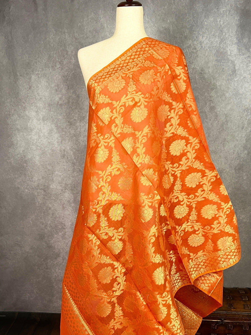 Orange Color Benarasi Handwoven Semi Silk Dupatta with Muted Gold Zari Weaving | Dupatta | Orange Dupatta | Scarf | Dupattas for Wedding - Kaash