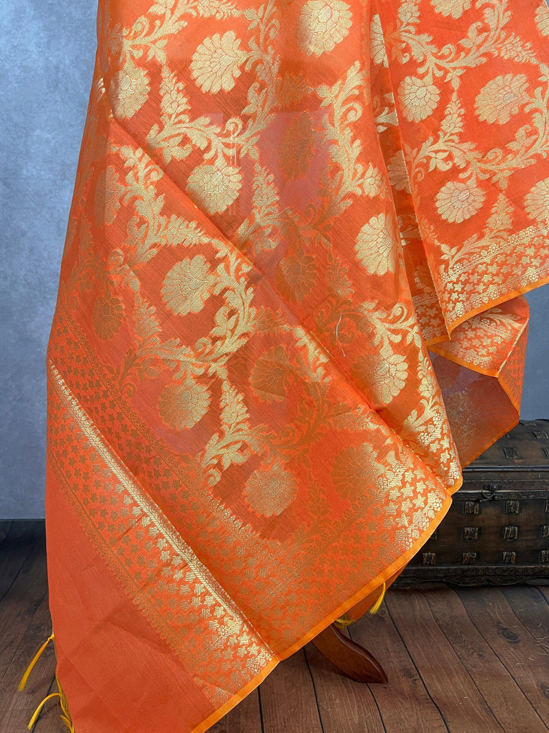 Orange Color Benarasi Handwoven Semi Silk Dupatta with Muted Gold Zari Weaving | Dupatta | Orange Dupatta | Scarf | Dupattas for Wedding - Kaash