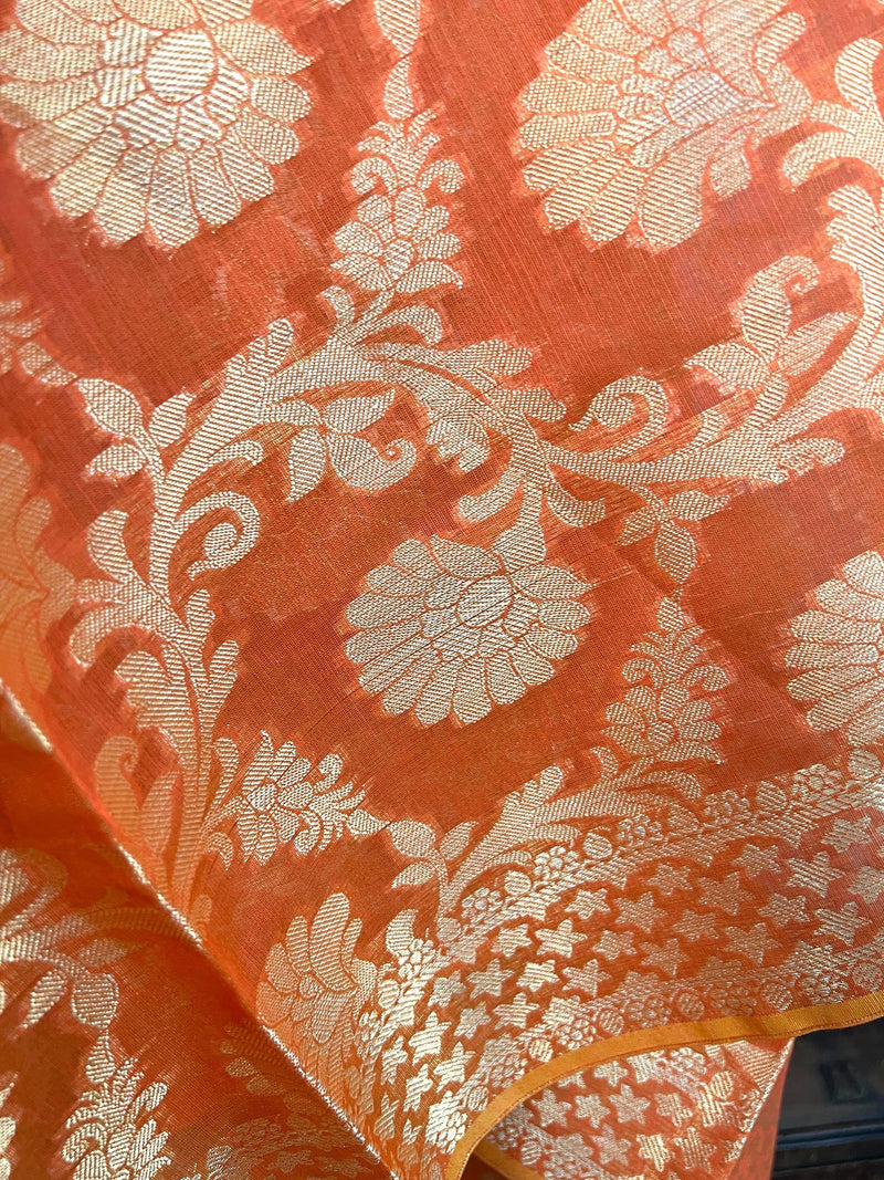 Orange Color Benarasi Handwoven Semi Silk Dupatta with Muted Gold Zari Weaving | Dupatta | Orange Dupatta | Scarf | Dupattas for Wedding - Kaash