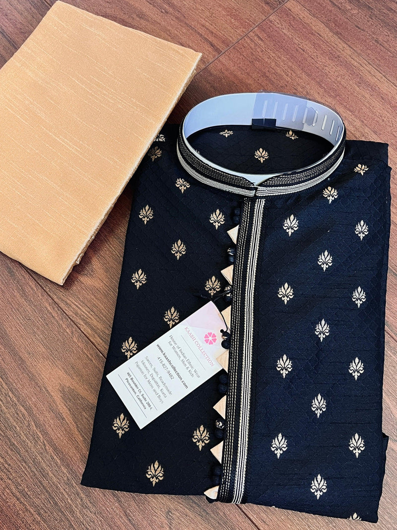 Black Color Soft Raw Silk Men Kurta Pajama in Self Design material with Antique Zari Weave butti with Cotton Lining | Wedding Kurtas for Men - Kaash