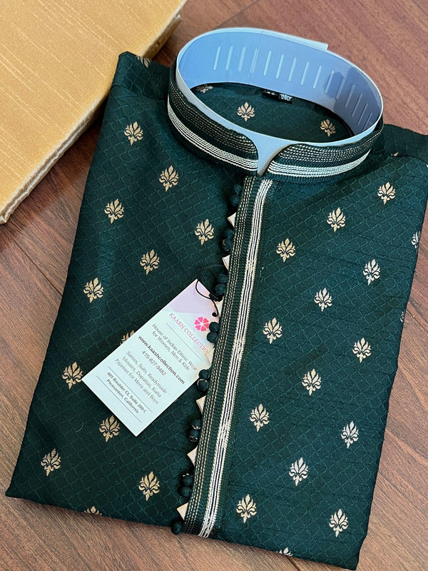 Bottle Green Soft Raw Silk Men Kurta Pajama in Self Design material with Antique Zari Weave buti with Cotton Lining | Wedding Kurtas for Men - Kaash
