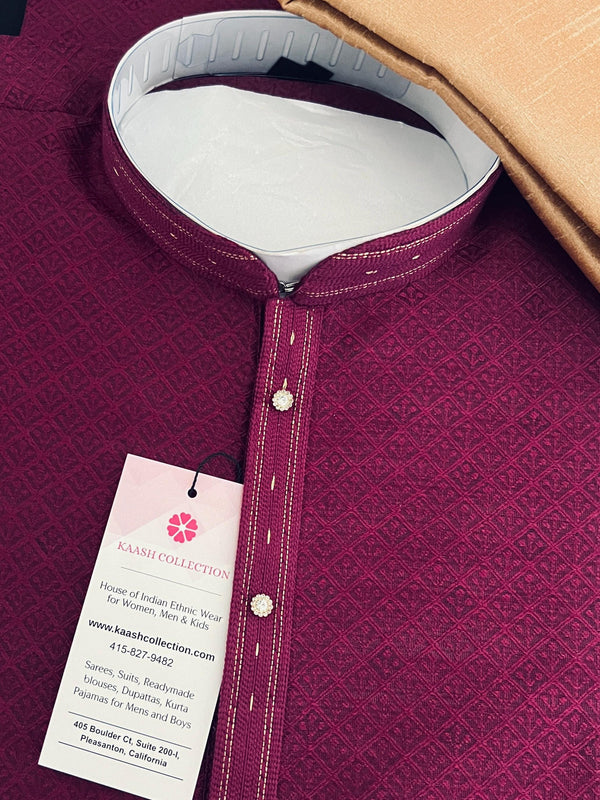 Dark Purple Color Men Kurta Pajama | Self Design embroidery Styles - Mens Ethnic Wear - Purple Color Kurta