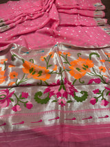 Pink Color Pure Handloom Banarasi Crepe Paithani with Meenakari Work | Pure Crepe Silk Saree | Paithani Sari | SILK Mark Certified