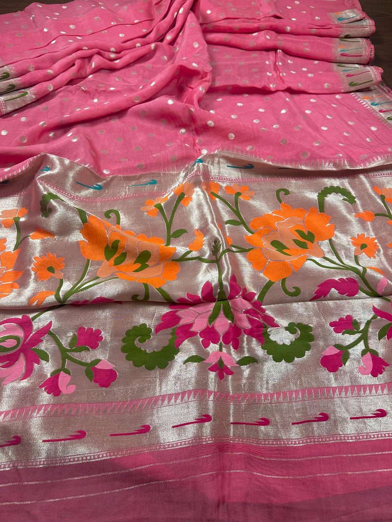 Pink Color Pure Handloom Banarasi Crepe Paithani with Meenakari Work | Pure Crepe Silk Saree | Paithani Sari | SILK Mark Certified