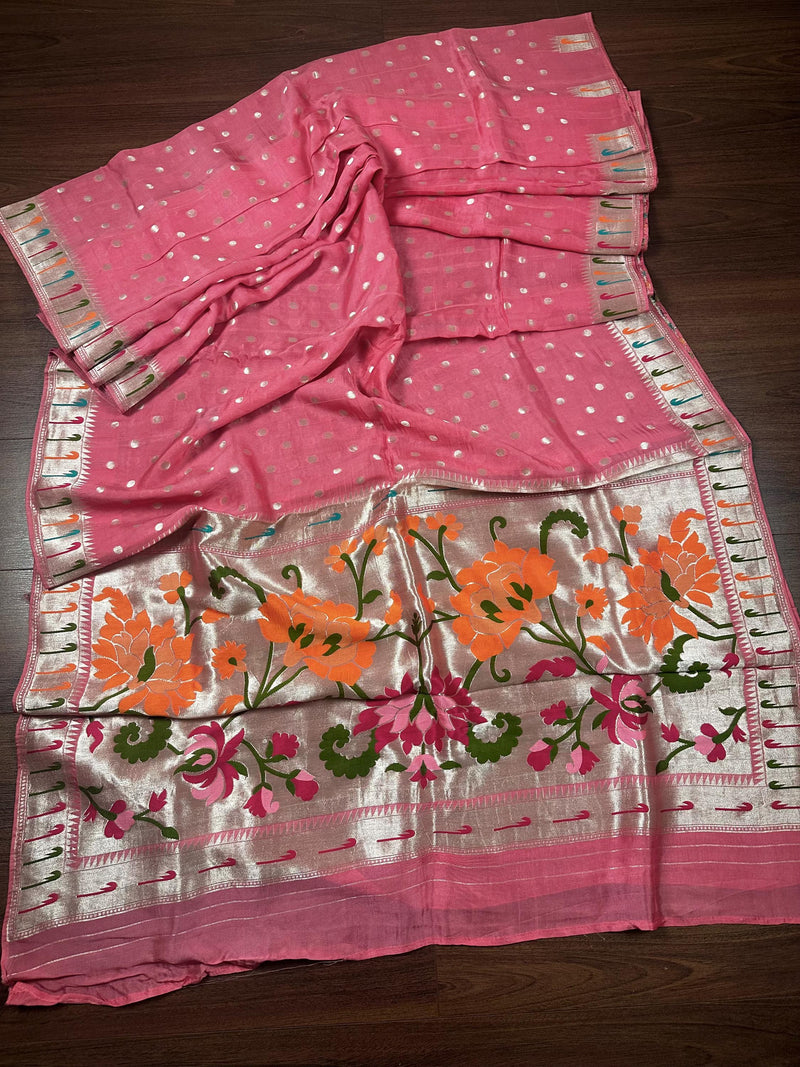 Pink Color Pure Handloom Banarasi Crepe Paithani with Meenakari Work | Pure Crepe Silk Saree | Paithani Sari | SILK Mark Certified