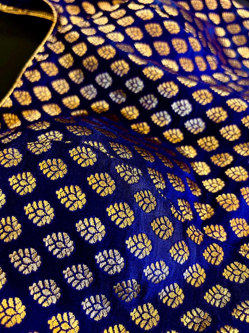 Blue Color Readymade Blouse with small Gold Buttis Pure Banarasi - Readymade Blouses -  Blue Color Stitched Blouse - Banarasi Blouse