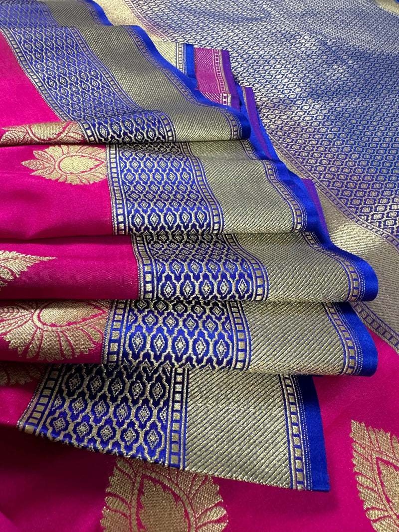 Hot Pink with Green and Blue color combination Traditional Satin Border Banarasi Handloom Soft Silk Saree | Silk Sarees