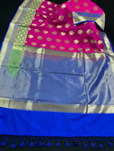 Hot Pink with Green and Blue color combination Traditional Satin Border Banarasi Handloom Soft Silk Saree | Silk Sarees