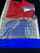 Red with Blue Pallu and Blue Border Traditional Banarasi Handloom Saree with Floral Jaal Design on Border | Banarasi Silk Saree