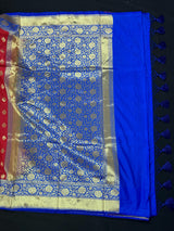 Red with Blue Pallu and Blue Border Traditional Banarasi Handloom Saree with Floral Jaal Design on Border | Banarasi Silk Saree