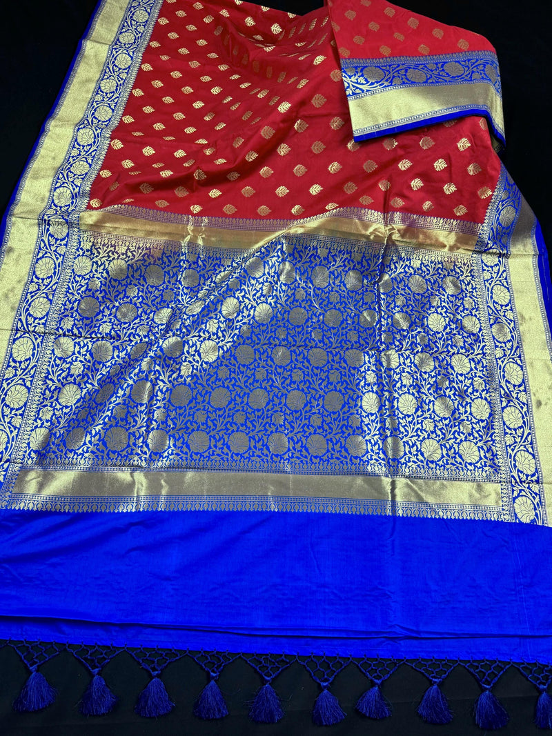 Red with Blue Pallu and Blue Border Traditional Banarasi Handloom Saree with Floral Jaal Design on Border | Banarasi Silk Saree