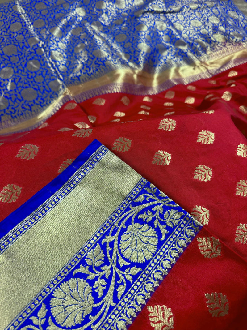 Red with Blue Pallu and Blue Border Traditional Banarasi Handloom Saree with Floral Jaal Design on Border | Banarasi Silk Saree