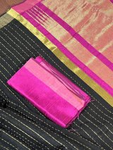 Black and Purple Pure Tussar Silk Saree with Ranidrop zari weave  | Temple Borders | Wide Border | SILK MARK CERTIFIED