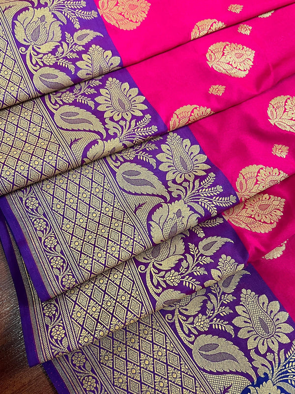 Hot Pink with Purple border and Blue Pallu combination Traditional Border Banarasi Handloom Soft Silk Saree | Silk Sarees