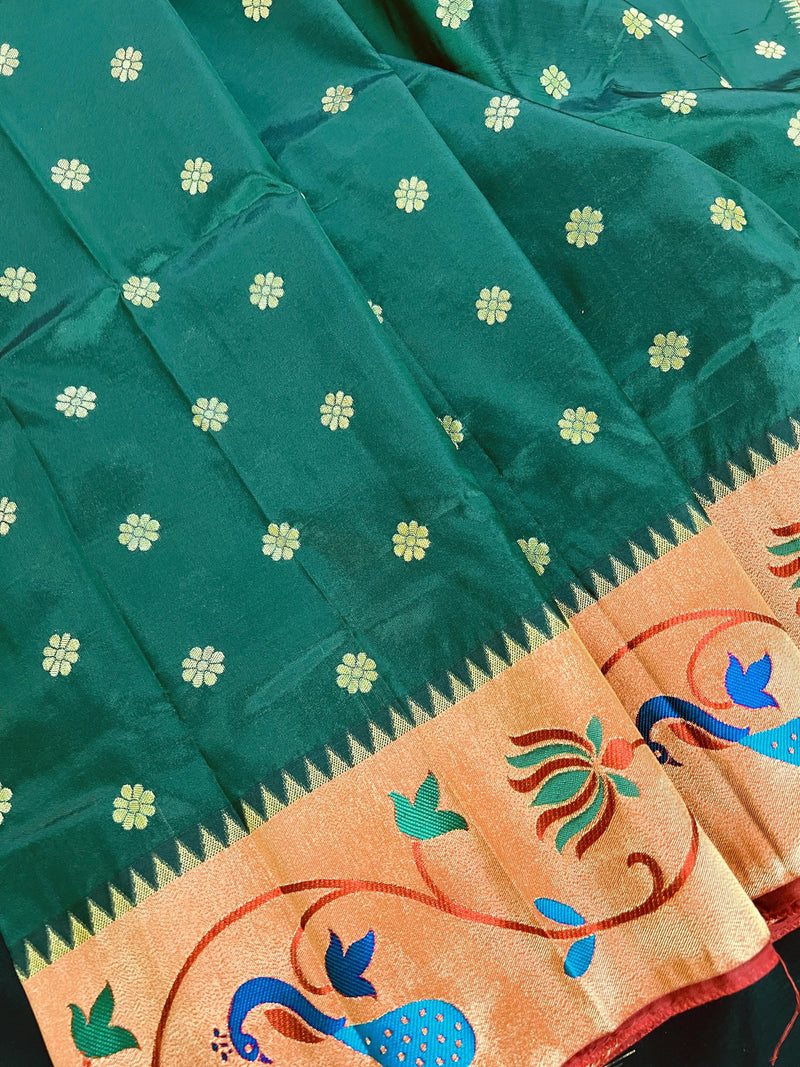 Statement Handwoven Bottle Green Color Paithani Banarasi Soft Silk Saree with Meenakari Work | Banarasi Soft Saree | Paithani Silk Sarees