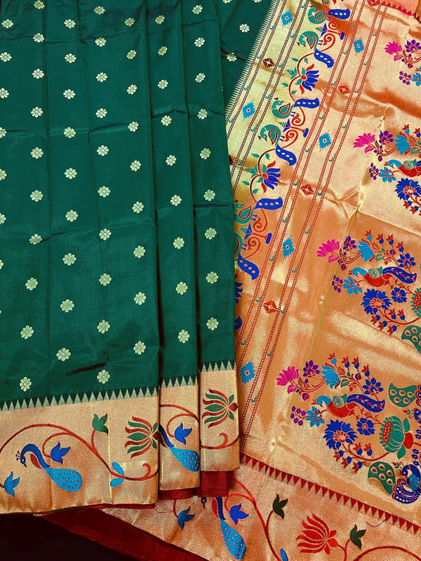 Statement Handwoven Bottle Green Color Paithani Banarasi Soft Silk Saree with Meenakari Work | Banarasi Soft Saree | Paithani Silk Sarees