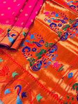 Rani Pink and Red Combination Paithani Banarasi Soft Silk Saree with Copper Zari and 1Meenakari Work | Banarasi Soft Saree | Paithani Saree