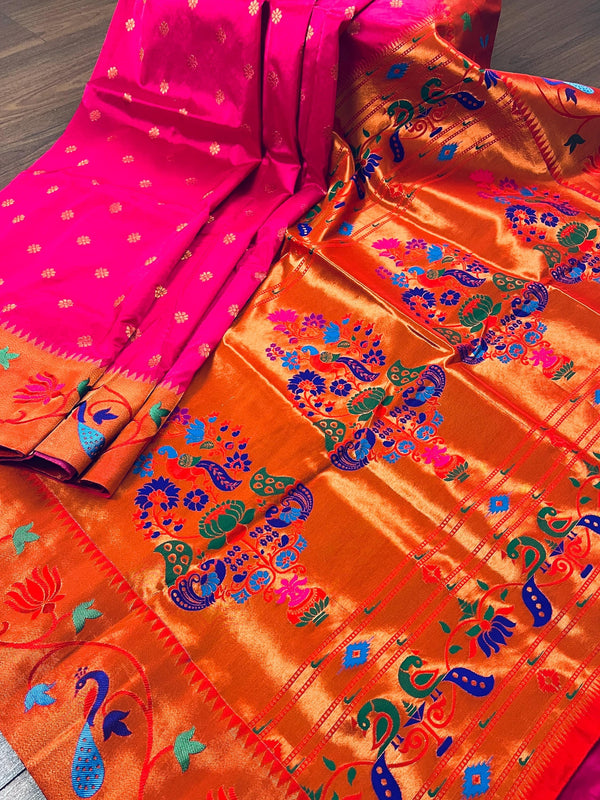 Rani Pink and Red Combination Paithani Banarasi Soft Silk Saree with Copper Zari and 1Meenakari Work | Banarasi Soft Saree | Paithani Saree