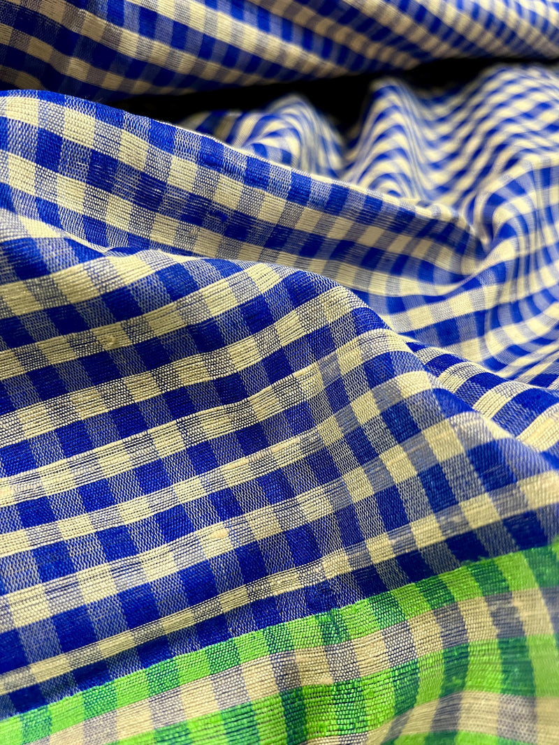 Pure Raw Silk Saree with Checks in Beige, Royal Blue and Parrot Green Color with Temple Border | Handwoven Saree | SILK MARK CERTIFIED