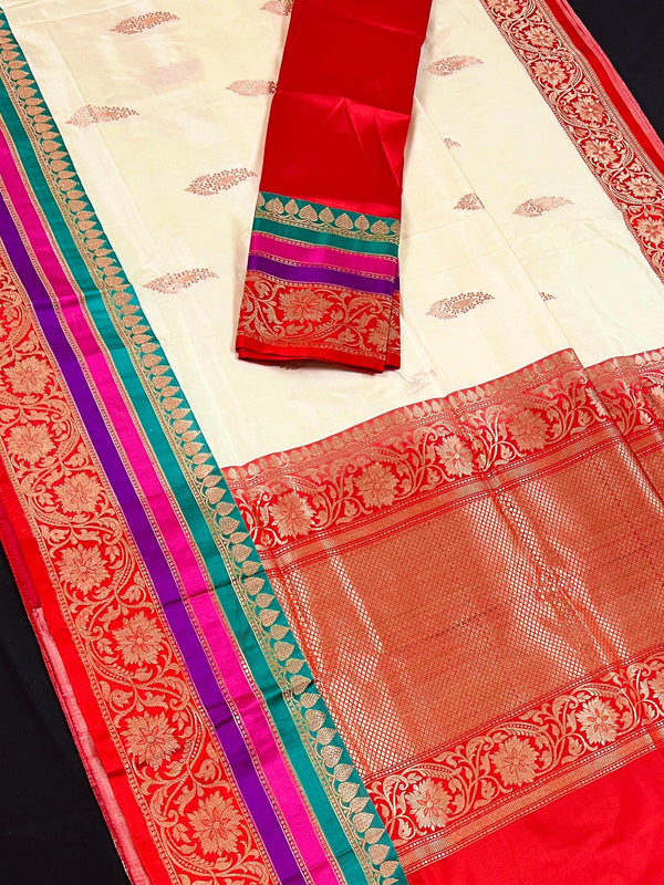 Off White with Red Color Pure Katan Silk Saree with Cooper Zari Weave | Pure Silk Sarees | Off White Color Sarees | SILK MARK CERTIFIED
