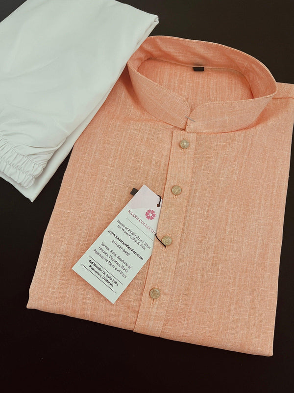 Pastel Peach Color Premium Pure Linen Cotton Kurta Pajama Set for Men | Cotton Men Kurtas | Pastel Yellow Color Kurta | Men Kurta in Pastel - Kaash