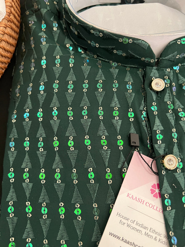 Bottle Green Color Premium Silk Kurta Collection with Sequin & Embroidery Work | Designer Wedding Men Wear | Sequin Kurta