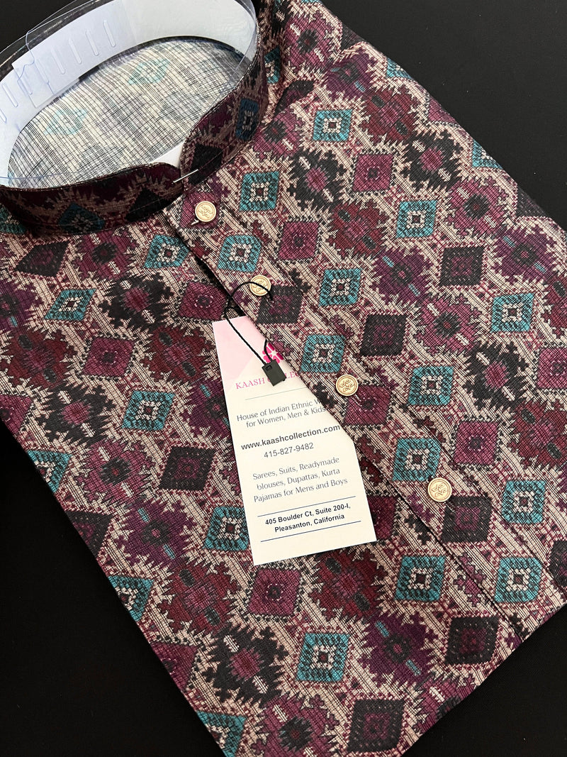 Multi Color Soft Men Kurta in Ikkat Digital Prints with Dark Purple and Beige Base | Soft Silk Kurta for Men | Men Ethnic Wear