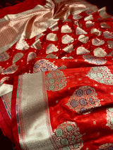 Red Traditional Banarasi Tanchoi Handloom Silk Saree | Tree Pattern Buttas with small zari buttis and Tanchoi Weave |  Banarasi Silk Saree