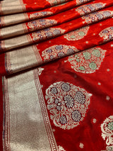 Red Traditional Banarasi Tanchoi Handloom Silk Saree | Tree Pattern Buttas with small zari buttis and Tanchoi Weave |  Banarasi Silk Saree